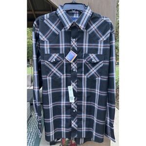 NWT 90s Vintage Wrangler Men's Pearl Buttons Plaid Long Sleeve Size 16 1/2 x 35